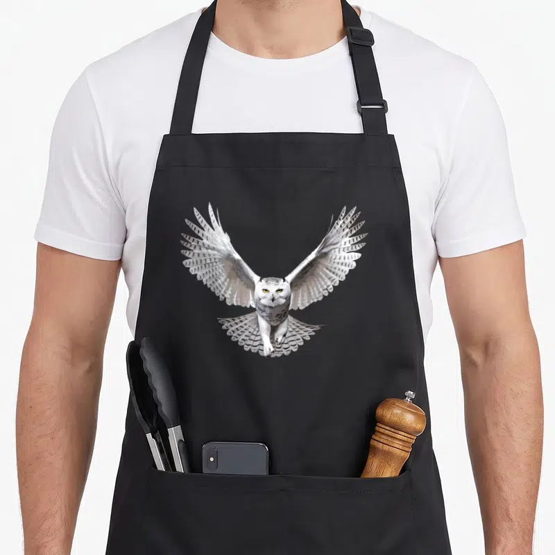 Tablier de cuisine noir avec un harfang des neiges aux ailes déployées et un regard intense.