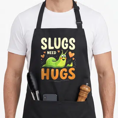 Tablier de cuisine noir avec une limace verte souriante, des cœurs oranges et le texte SLUGS NEED HUGS imprimé en lettres capitales.