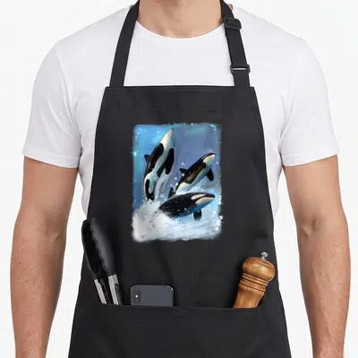 Tablier de cuisine noir avec trois orques sautant dans une mer bleue scintillante et étoilée.