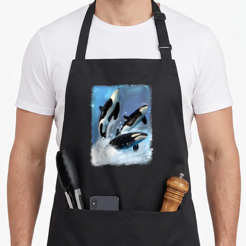 Tablier de cuisine noir avec trois orques sautant dans une mer bleue scintillante et étoilée.
