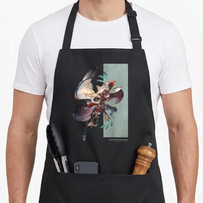 Tablier de cuisine noir avec illustration d'un guerrier en armure et cape aux mains turquoise, style Granblue Fantasy Versus Rising Six.