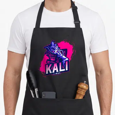 Tablier de cuisine noir avec un dragon violet et rose portant le texte Kali Linux.