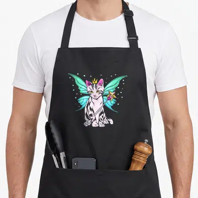 Tablier de cuisine noir avec un chat féerique aux ailes turquoise, une couronne dorée et une baguette à étoile.