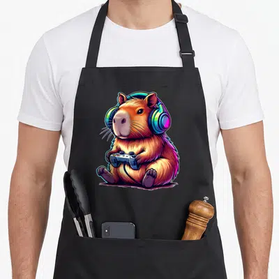 Tablier de cuisine noir avec illustration d'un capybara portant des écouteurs et tenant une manette de jeu.