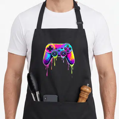 Tablier de cuisine noir avec une illustration de manette de jeu vidéo multicolore aux couleurs qui dégoulinent.