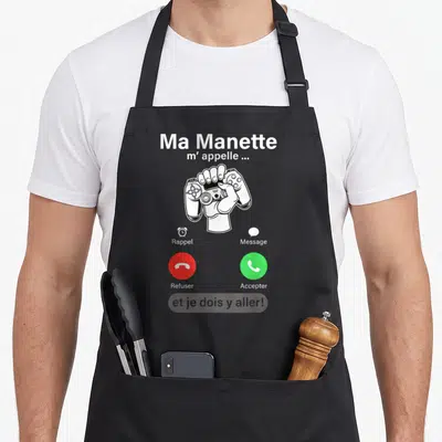 Tablier de cuisine noir avec illustration manette et texte Ma Manette m appelle et je dois y aller