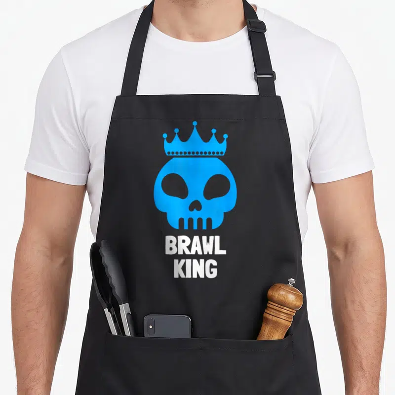 Tablier de cuisine noir avec un crâne bleu surmonté d'une couronne et le texte Brawl King en blanc