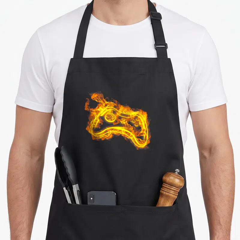 Tablier de cuisine noir avec une manette de jeu vidéo entièrement enveloppée de flammes orange et jaunes vives.