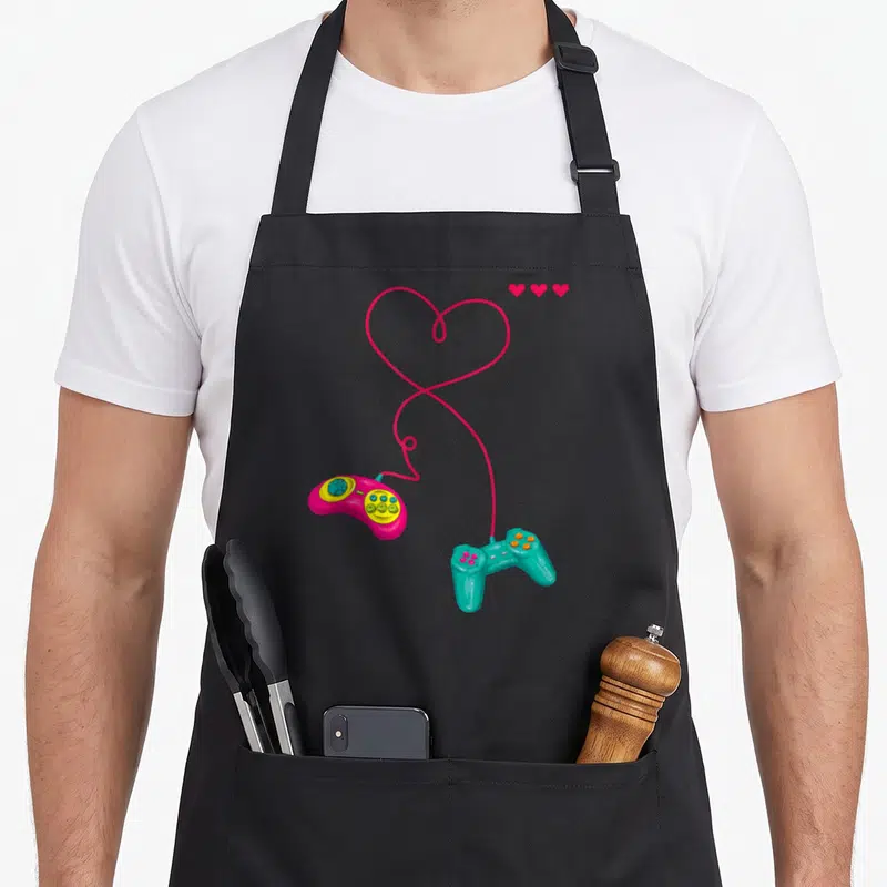 Tablier de cuisine noir avec deux manettes de jeu vidéo rose et turquoise reliées par un câble en forme de cœur.