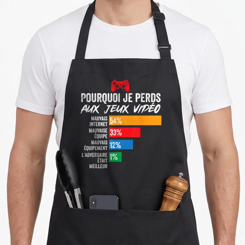 Tablier de cuisine noir avec un graphique coloré et une manette rouge illustrant les causes de vos défaites en jeu vidéo.