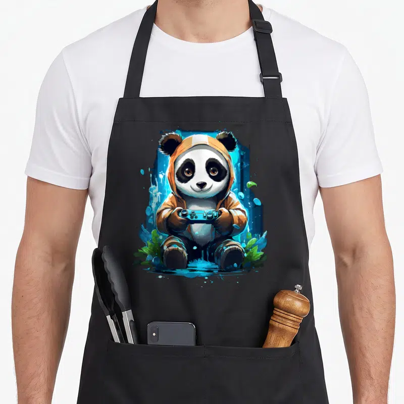 Tablier de cuisine noir avec illustration d'un panda en capuche orange tenant une manette de jeu vidéo sur fond bleu.