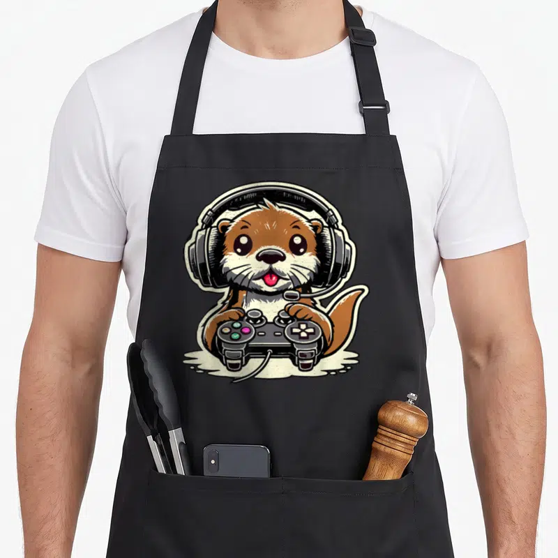 Tablier de cuisine noir avec illustration d'une loutre de mer jouant à la console sous un casque.