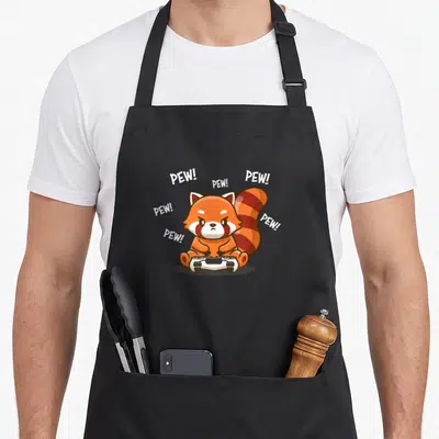 Tablier de cuisine noir avec un panda rouxtenant une manette blanche et des textes PEW.