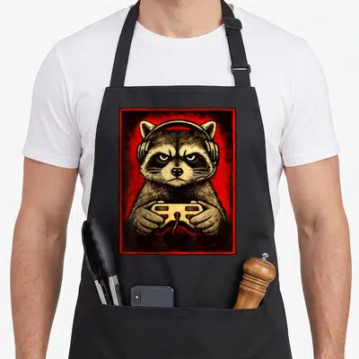 Tablier de cuisine noir avec illustration d'un raton laveur grincheux portant un casque audio et tenant une manette de jeu vidéo sur fond rouge.