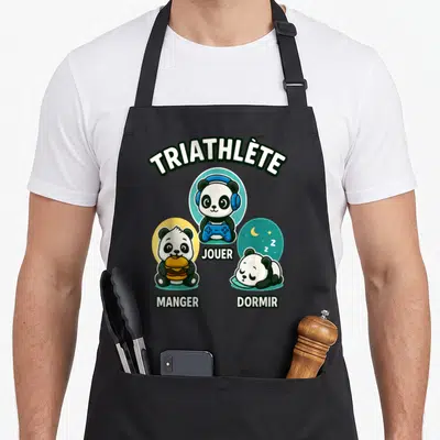 Tablier de cuisine noir avec un panda triathlète gamer mangeant, jouant et dormant.