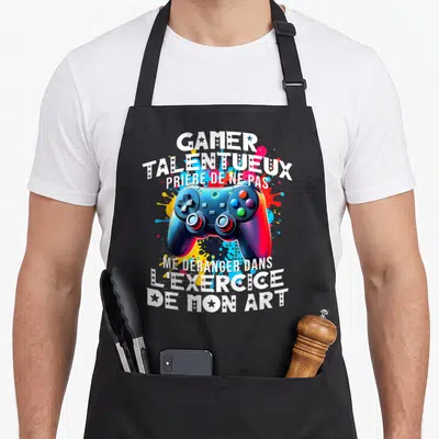 Tablier de cuisine noir avec illustration manette de jeu vidéo et texte Gamer talentueux prière de ne pas me déranger dans l'exercice de mon art