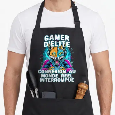 Tablier de cuisine noir avec illustration renard cybernétique Gamer d'élite et texte blanc sur fond circuit imprimé.