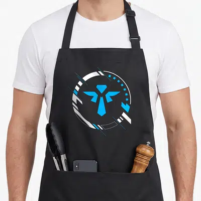 Tablier de cuisine noir avec logo circulaire blanc et bleu cyan représentant un symbole géométrique stylisé au centre.