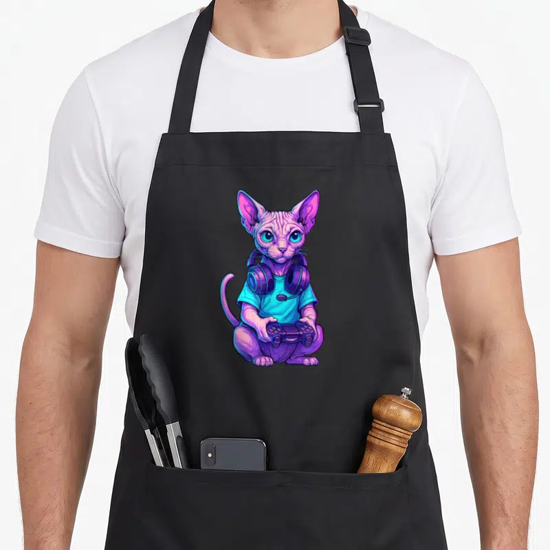 Tablier de cuisine noir avec illustration colorée d'un chat Sphynx gamer portant des écouteurs et tenant une manette.