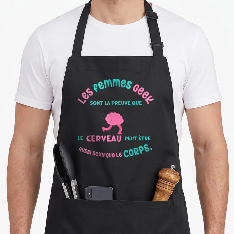 Tablier de cuisine noir avec inscription colorée et illustration d'un cerveau rose aux jambes en train de marcher.