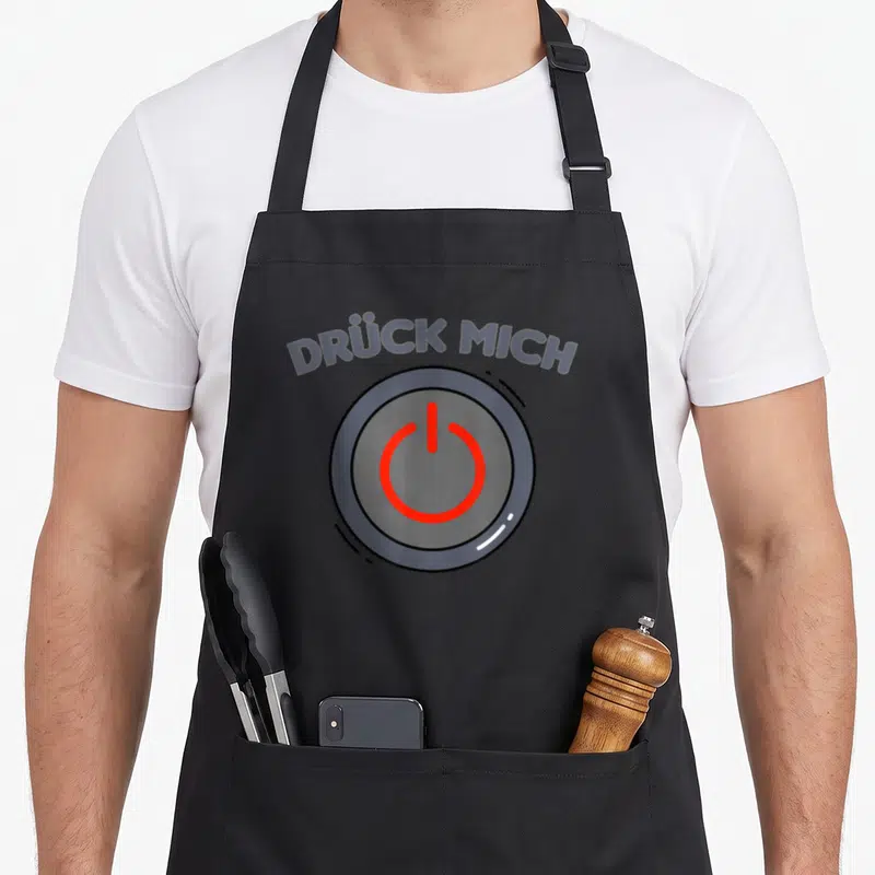 Tablier de cuisine noir avec un bouton marche rouge et l'inscription Drück Mich en gris.