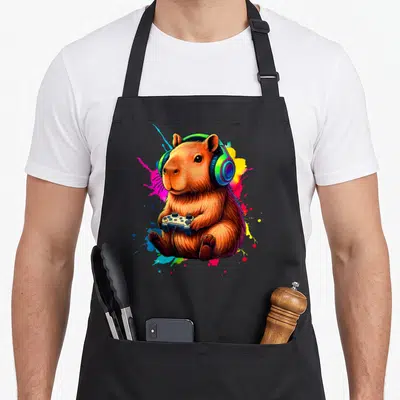 Tablier de cuisine noir avec capybara adolescent gamer portant un casque et tenant une manette.