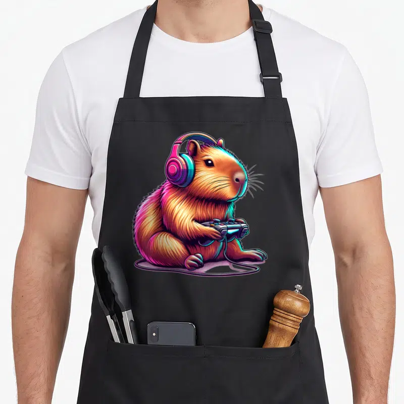 Tablier de cuisine noir avec illustration colorée d'un capybara gamer portant un casque et tenant une manette.