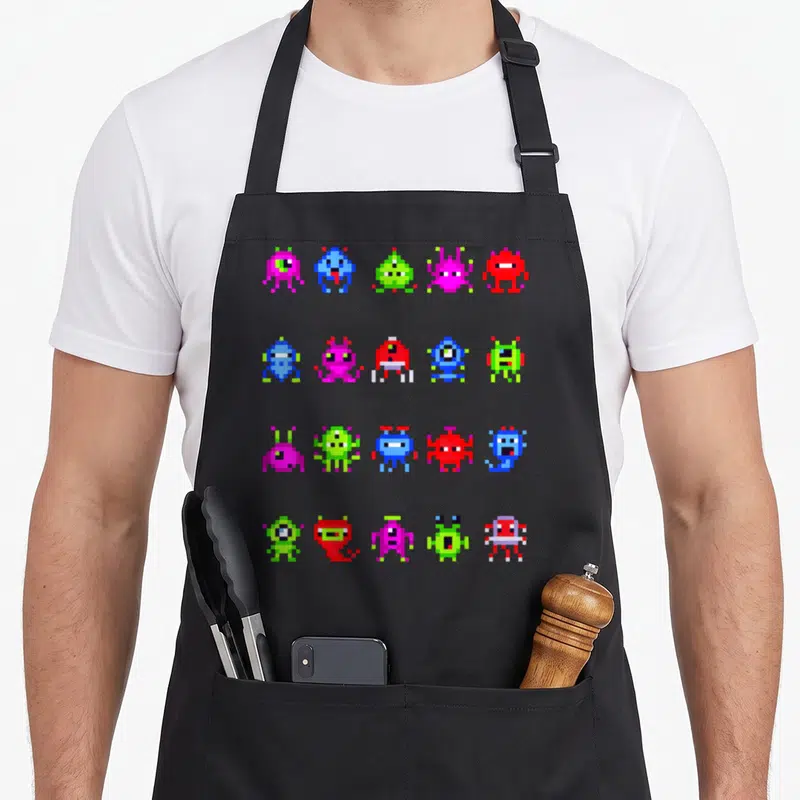 Tablier de cuisine noir avec une grille de petits monstres pixelisés multicolores dans un style art rétro gaming.