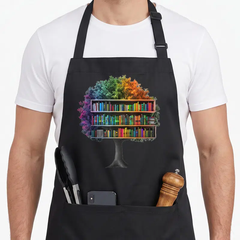 Tablier de cuisine noir avec un arbre dont les branches sont des étagères de livres multicolores.