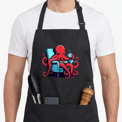 Tablier de cuisine noir avec une pieuvre rouge lisant un livre dans un fauteuil bleu en tenant une tasse de thé.