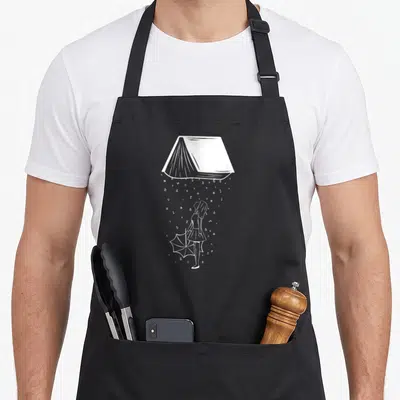 Tablier de cuisine noir avec une illustration blanche d'une fille tenant un parapluie sous un livre qui déverse des lettres comme de la pluie.