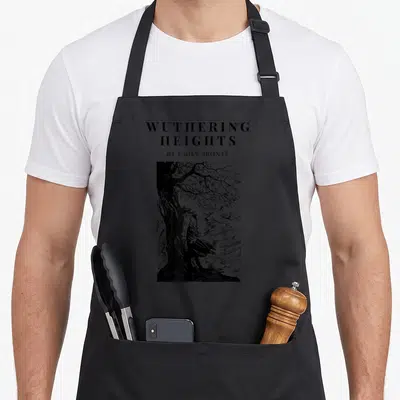 Tablier de cuisine noir avec illustration gravure Wuthering Heights Emily Brontë arbre et silhouette sombre