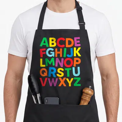 Tablier de cuisine noir avec alphabet ABC lettres colorées disposées en cinq lignes.