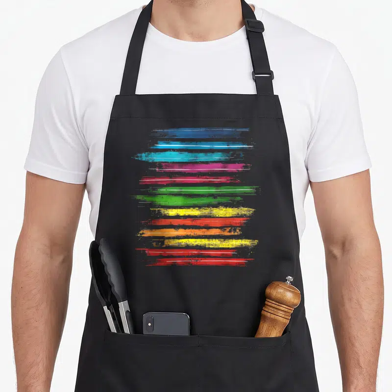 Tablier de cuisine noir avec des traits de peinture d'art colorés disposés horizontalement en bandes superposées.