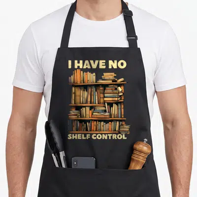 Tablier de cuisine noir avec illustration d'une bibliothèque chargée de livres et le texte I have no shelf control en lettres dorées.