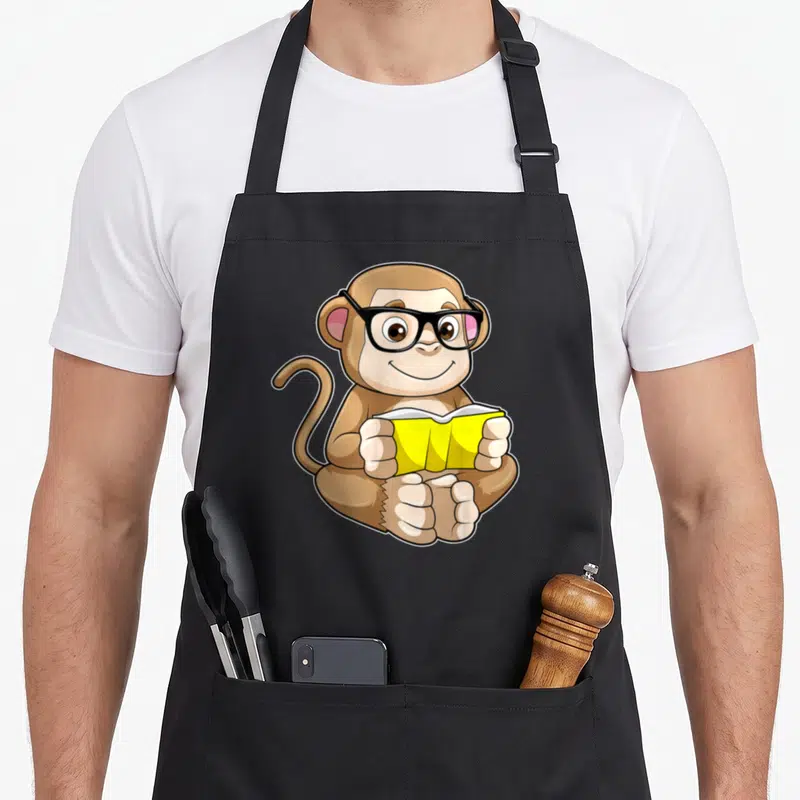 Tablier de cuisine noir avec illustration d'un singe nerd aux lunettes noires tenant un livre jaune ouvert.
