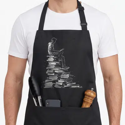 Tablier de cuisine noir avec illustration d'un homme lisant assis sur une grande pile de livres dessinée en traits blancs.