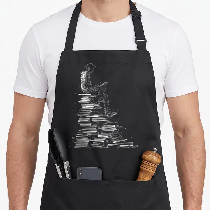 Tablier de cuisine noir avec illustration d'un homme lisant assis sur une grande pile de livres dessinée en traits blancs.