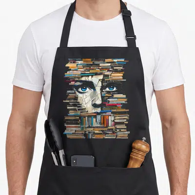 Tablier de cuisine noir avec portrait artistique composé de livres empilés et de grands yeux bleus expressifs.