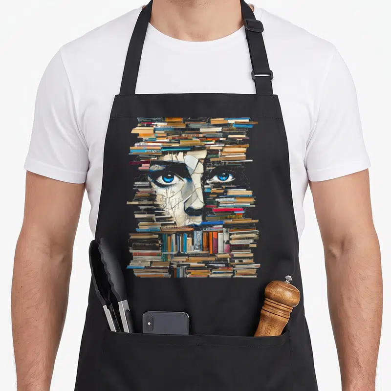 Tablier de cuisine noir avec portrait artistique composé de livres empilés et de grands yeux bleus expressifs.