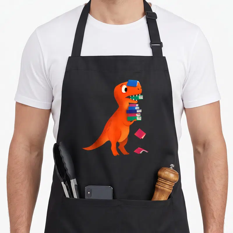 Tablier de cuisine noir avec un T-Rex orange tenant des livres colorés dans sa bouche et les bras.