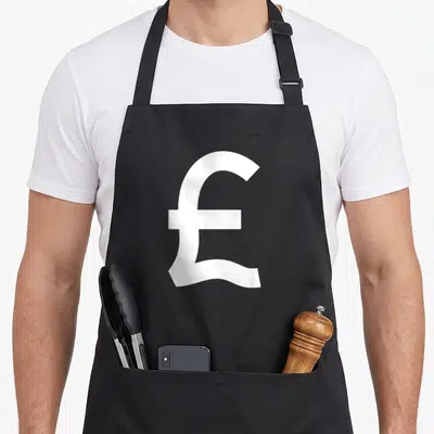 Tablier de cuisine noir avec grand symbole livre sterling blanc au centre