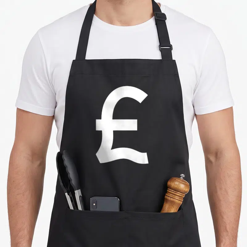 Tablier de cuisine noir avec grand symbole livre sterling blanc au centre