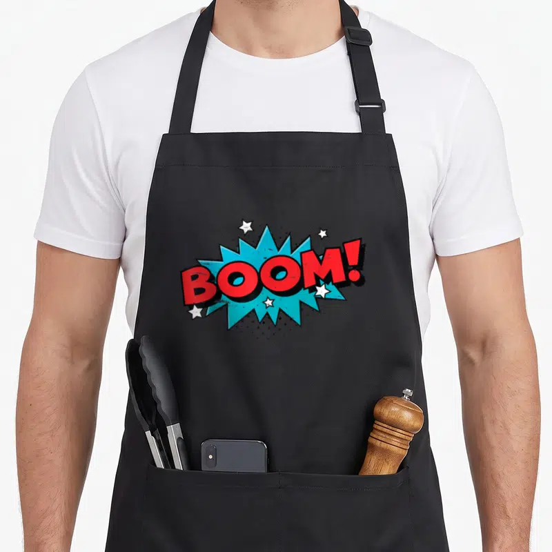 Tablier de cuisine noir avec le mot Boom. en lettres rouges sur fond bleu étoilé style bande dessinée.
