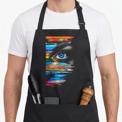 Tablier de cuisine noir avec un œil bleu stylisé et des livres colorés superposés verticalement.