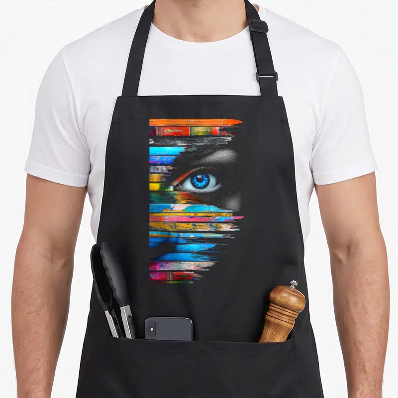 Tablier de cuisine noir avec un œil bleu stylisé et des livres colorés superposés verticalement.