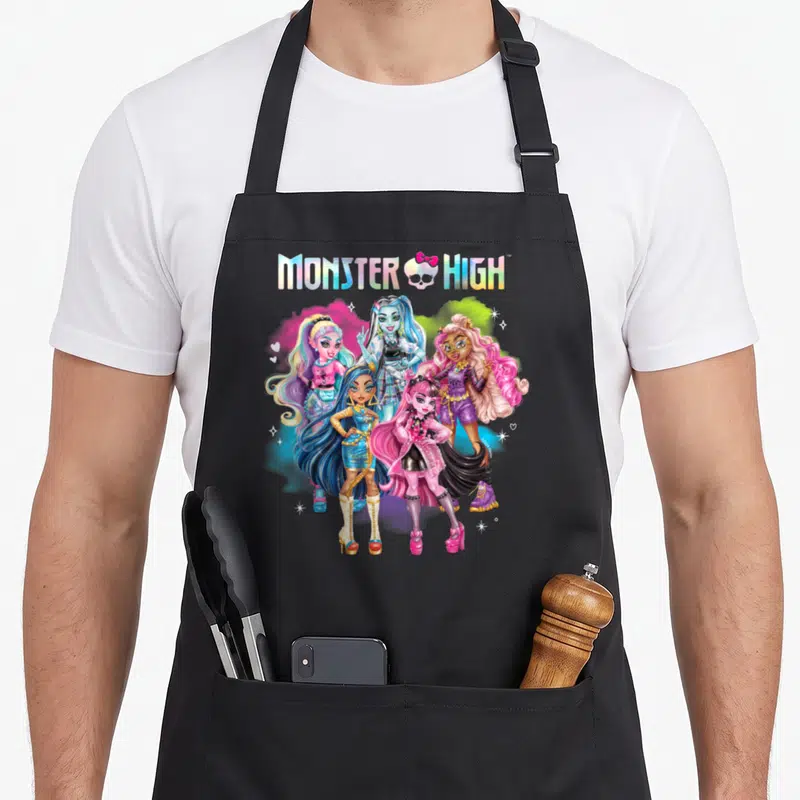 Tablier de cuisine noir avec illustration colorée du groupe Rainbow Cloud et logo Monster High arc-en-ciel.