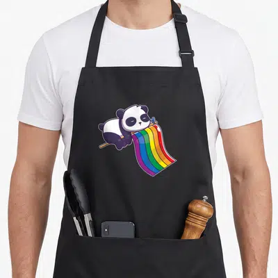 Tablier de cuisine noir avec illustration d'un panda tenant une bannière aux couleurs de l'arc-en-ciel.