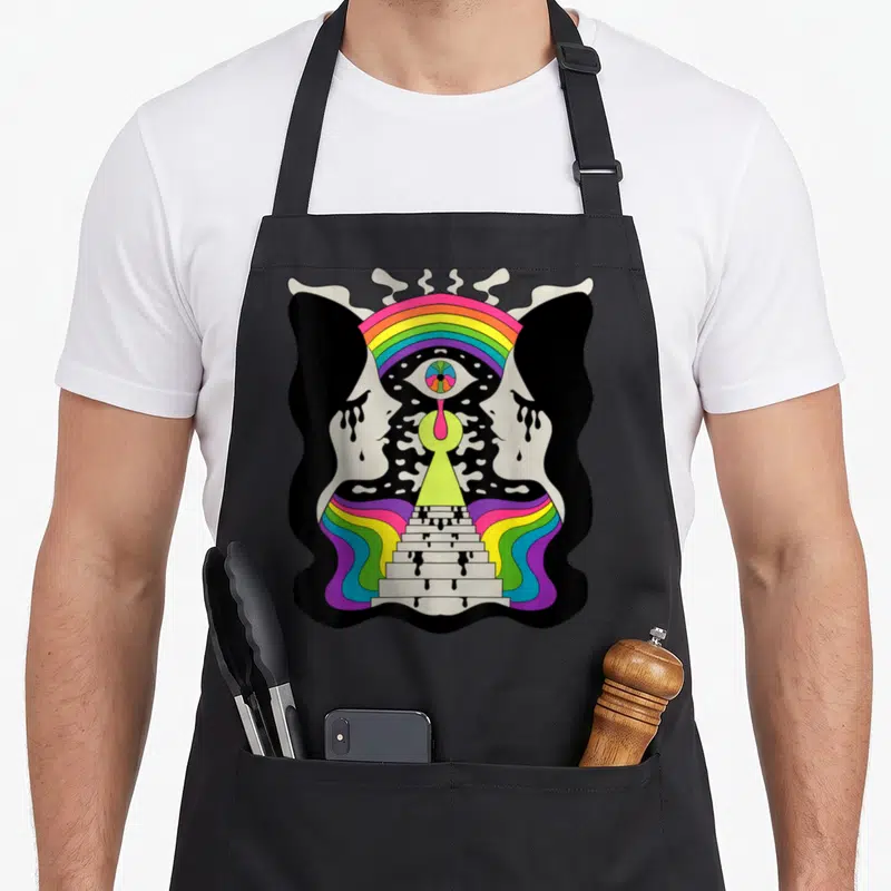 Tablier de cuisine noir avec illustration psychédrique arc-en-ciel et deux profils de filles face à face.