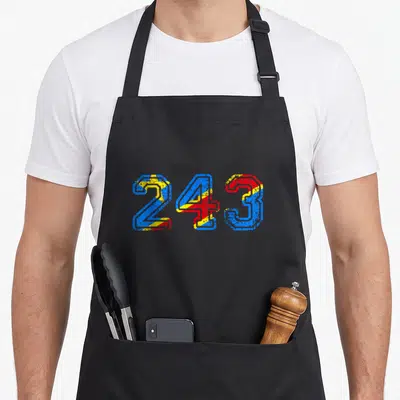 Tablier de cuisine noir avec le chiffre 243 aux couleurs du drapeau congolais en style vintage.